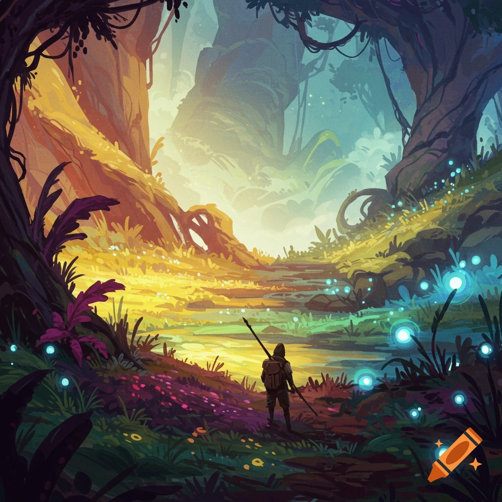A figure with a staff walks through a vibrant fantasy forest landscape with glowing plants.
