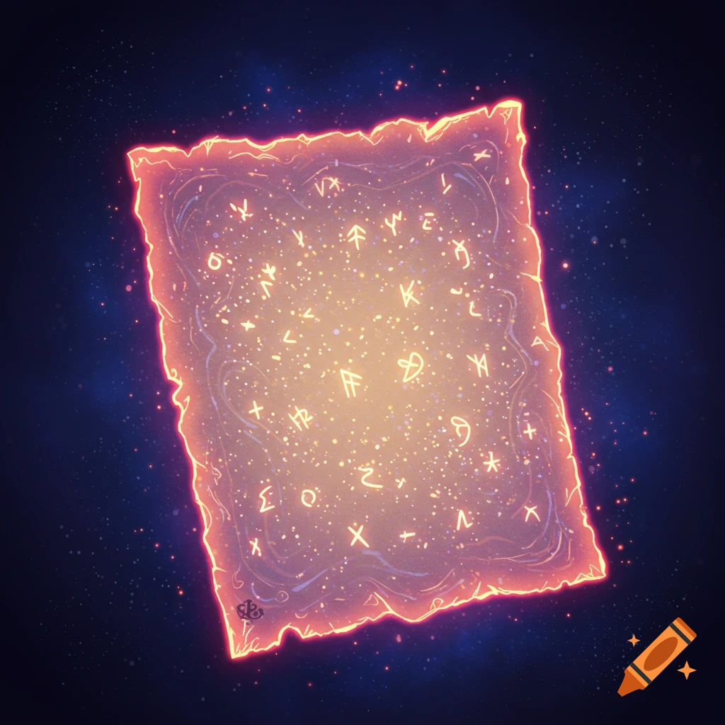 A glowing piece of magic paper covered in symbols, against a starry blue background.