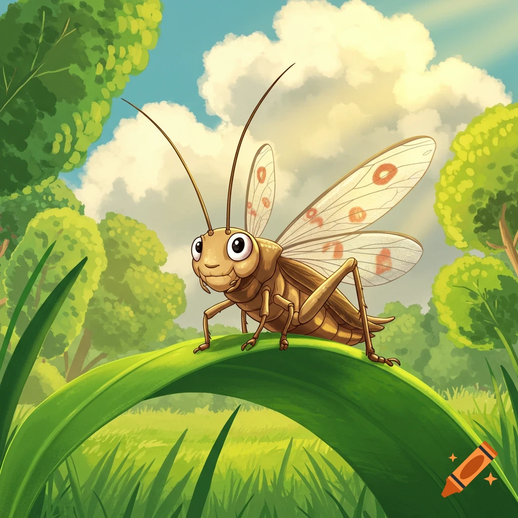 A friendly cartoon cricket sits on a large green leaf in a sunny grassy field, in a Ghibli style.