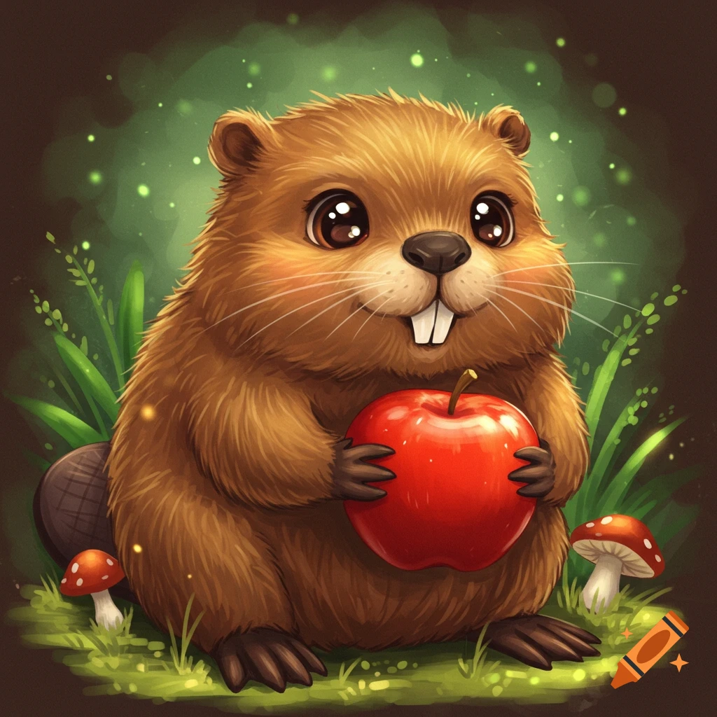 A cute cartoon beaver sits on grass, holding a red apple.