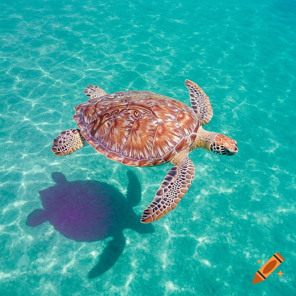 A sea turtle with a pattern on its shell swims in clear blue water, viewed from above.