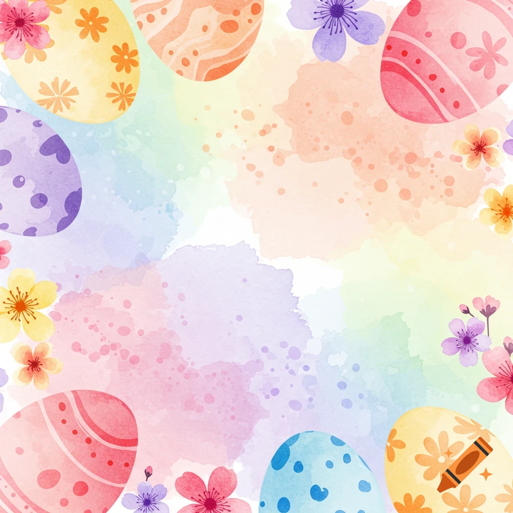 Watercolor illustration of colorful Easter eggs and flowers on a splattered background.