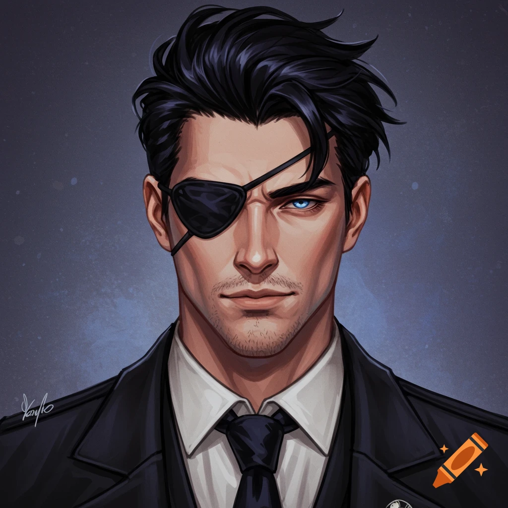A handsome man in a suit and tie wears an eye patch over his right eye.