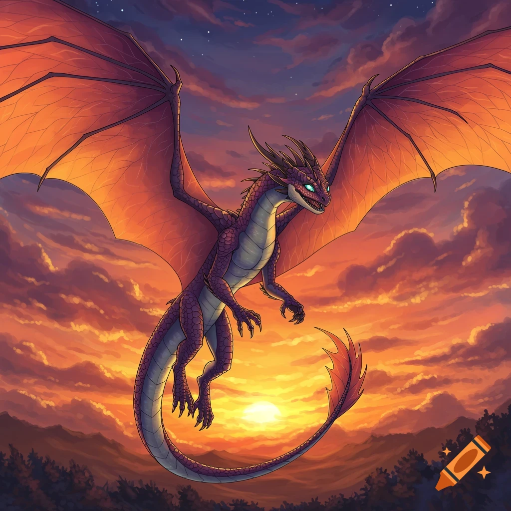 A purple dragon flies with spread wings against a fiery orange and purple sunset.