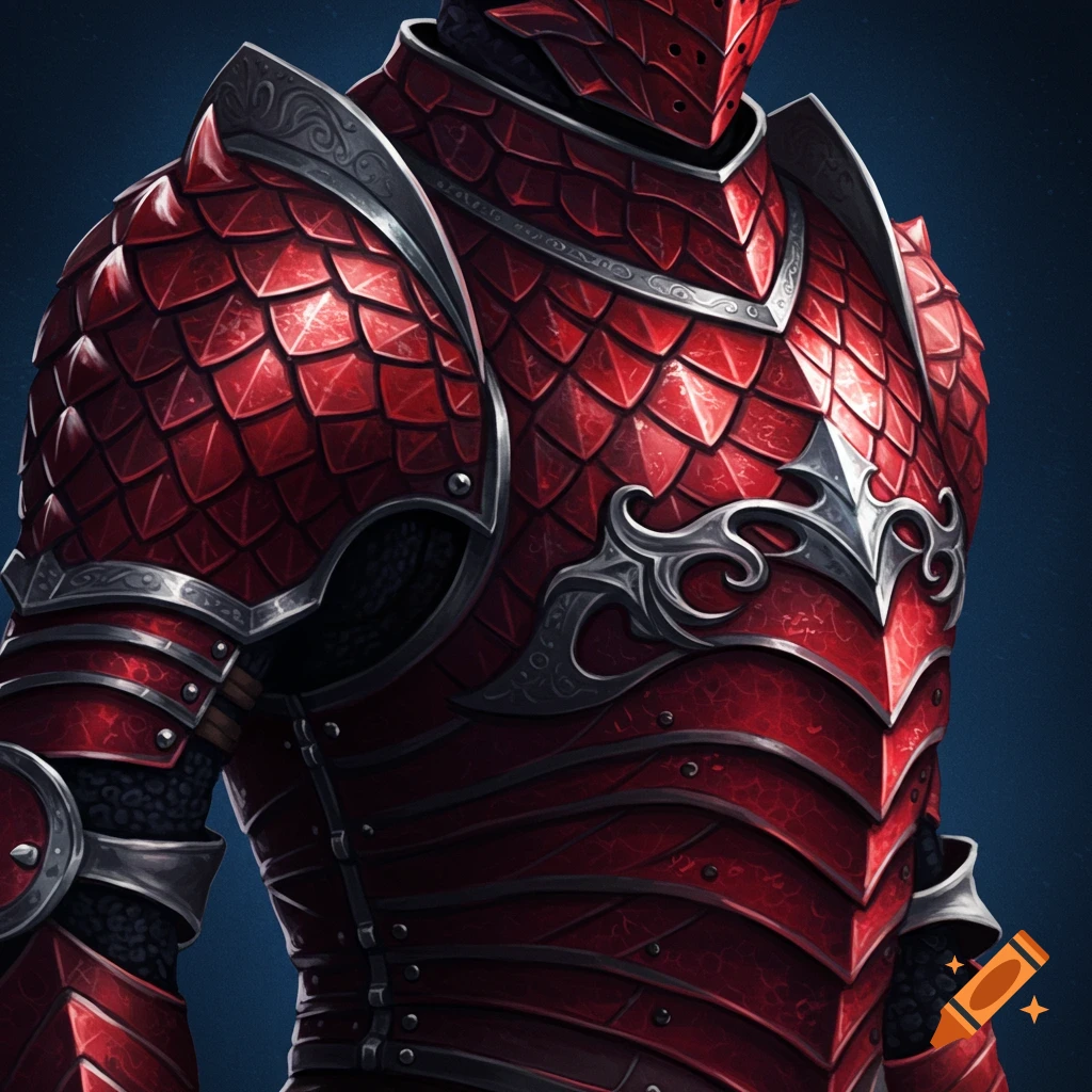 Armor with a pattern of red and silver scales.