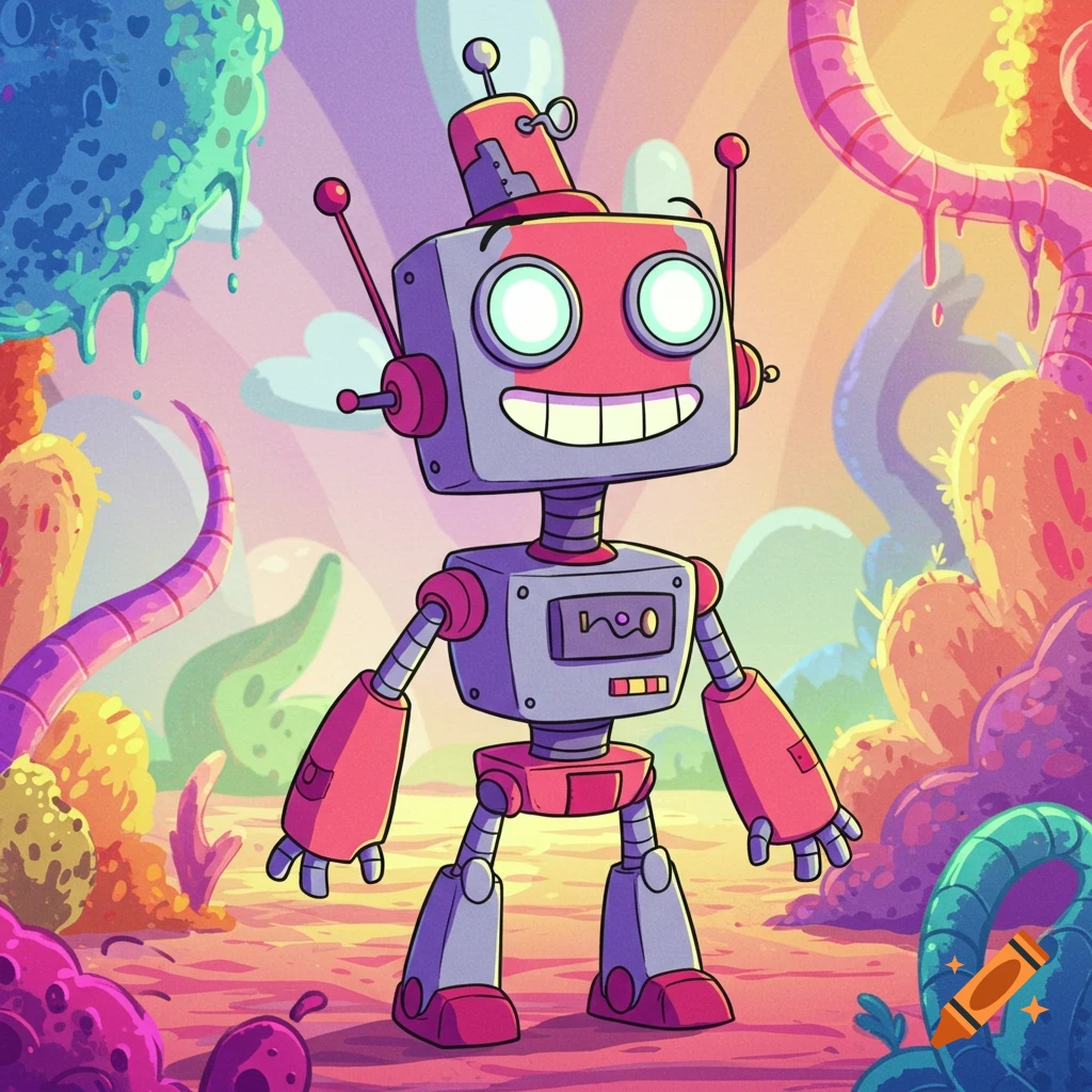 A cartoon robot with a smiling face stands in a colorful alien landscape.