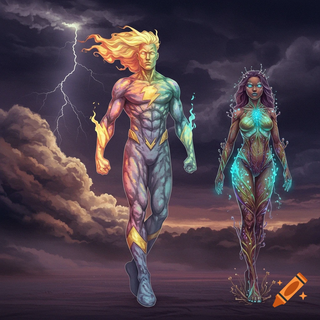 Two stylized figures walk against a stormy sky with lightning; one is a muscular male with golden hair and lightning motif costume, the other a female figure with bioluminescent plant-like features.