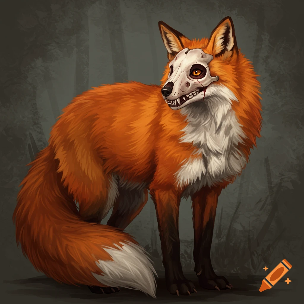 A fox with a human skull for a head stands in a forest.