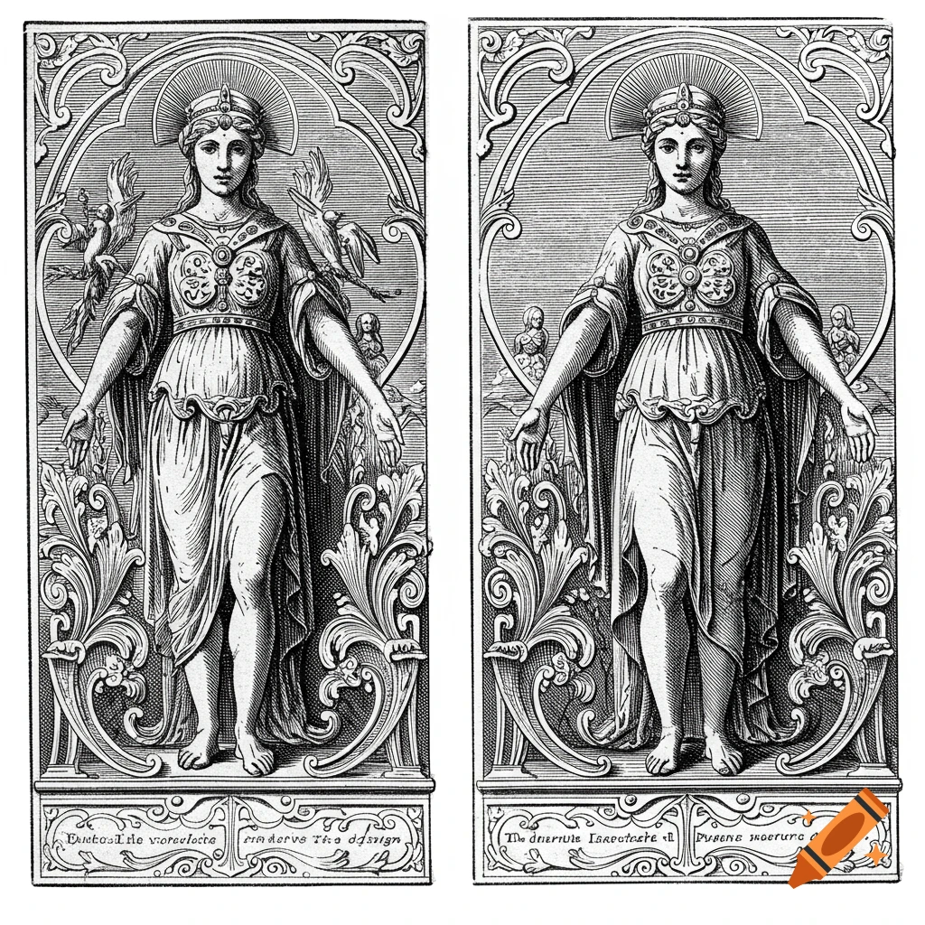 Two side-by-side engravings of a robed classical figure in an ornate frame