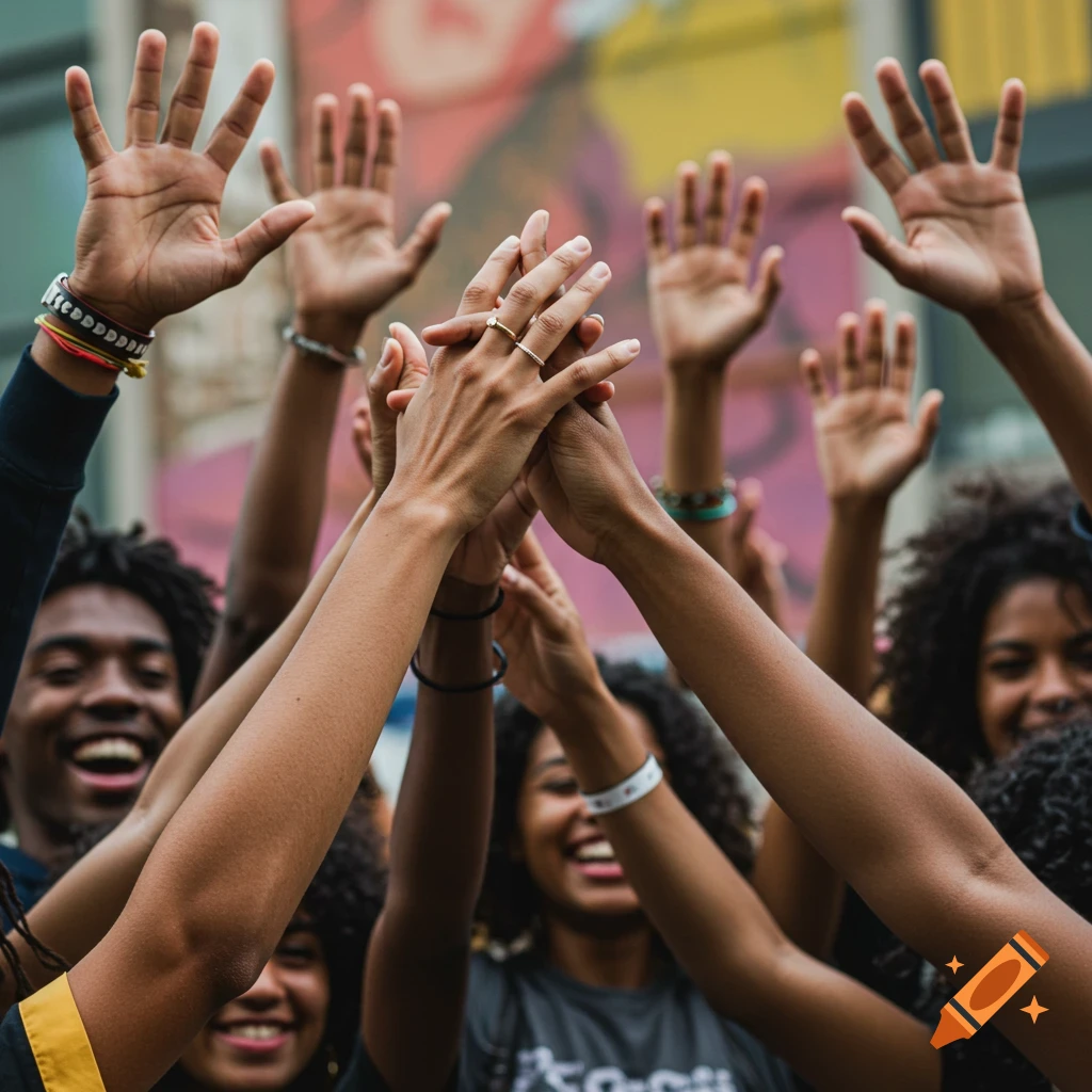 Close up photo of a diverse group of people high-fiving with hands piled in the center, smiling faces visible below.