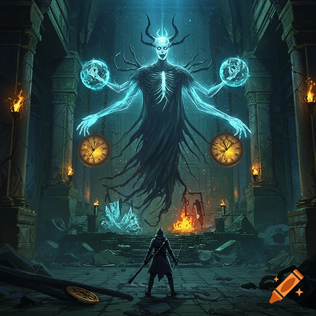 A warrior facing a giant ghostly creature in a dark dungeon with clocks.