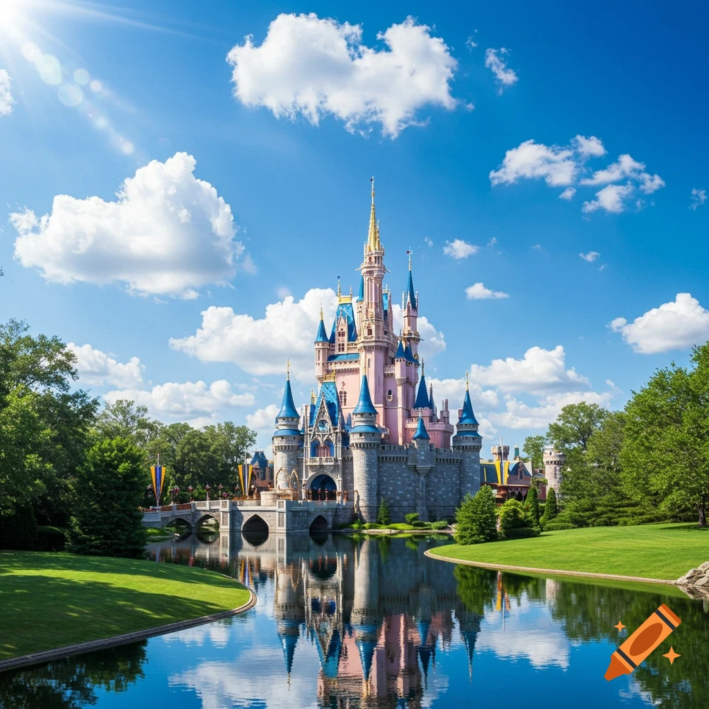 A large fairytale castle with blue roofs, reflected in water surrounded by trees and grass under a sunny sky.