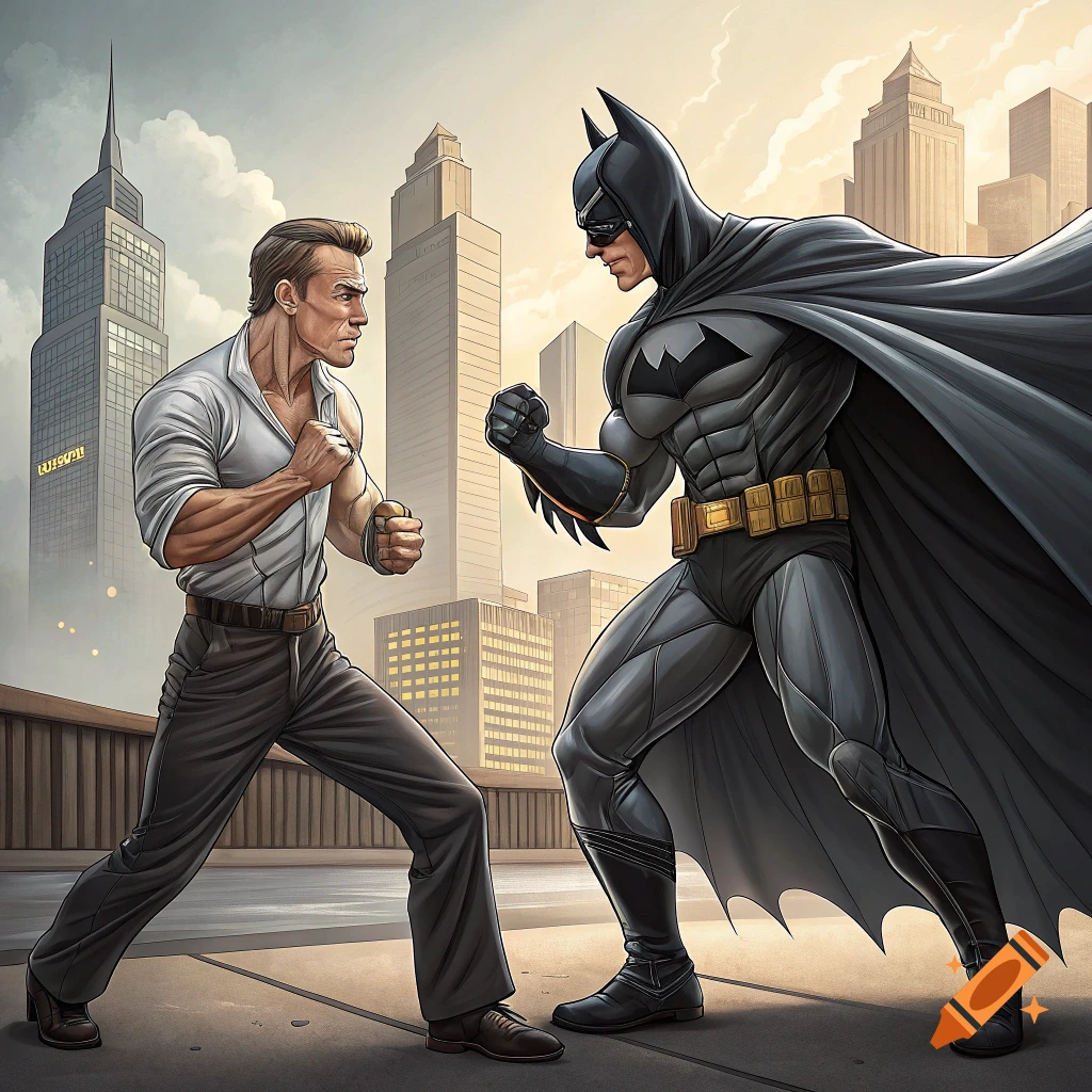 Van Damme and Batman face off in a city street, illustration style.