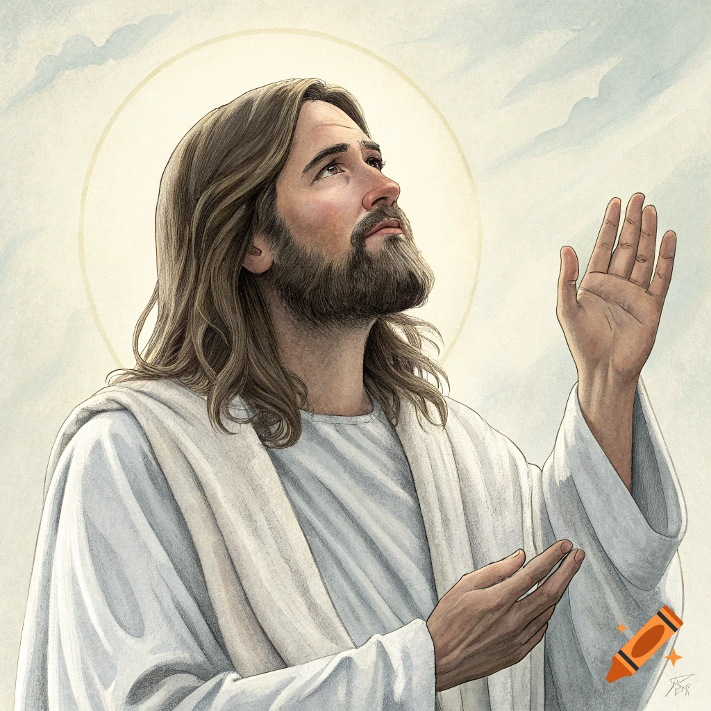 Illustration of Jesus Christ looking up to the sky with hands raised, wearing a white robe and halo.