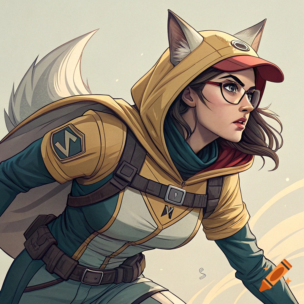 Stylized portrait of a person with glasses in a yellow fox-eared hood and tail, looking right.