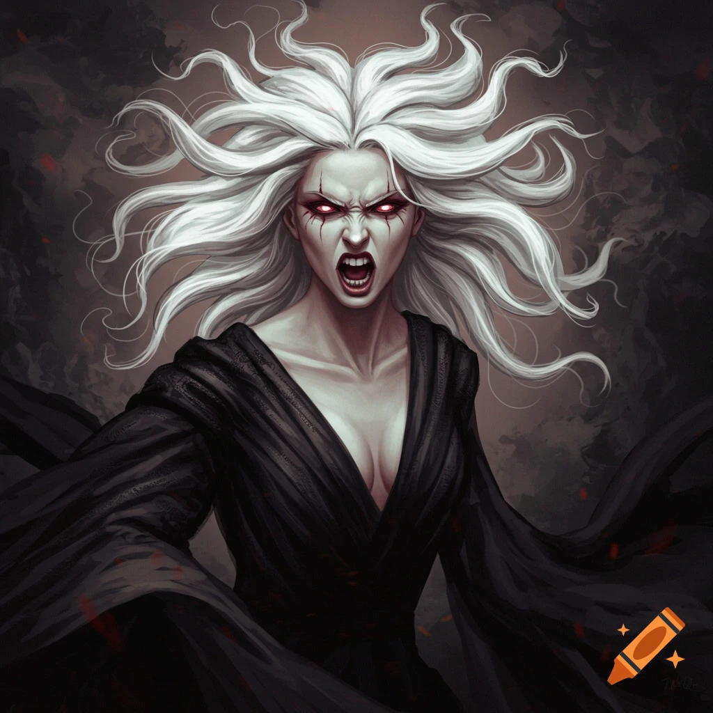 An angry woman with wild white hair and glowing red eyes wears a black dress against a dark background.