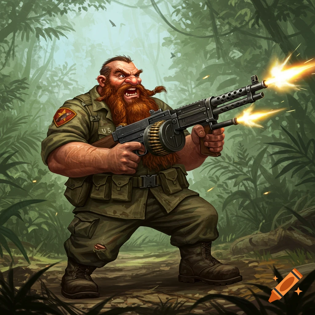 Angry dwarf soldier firing a double-barreled machine gun in a jungle.