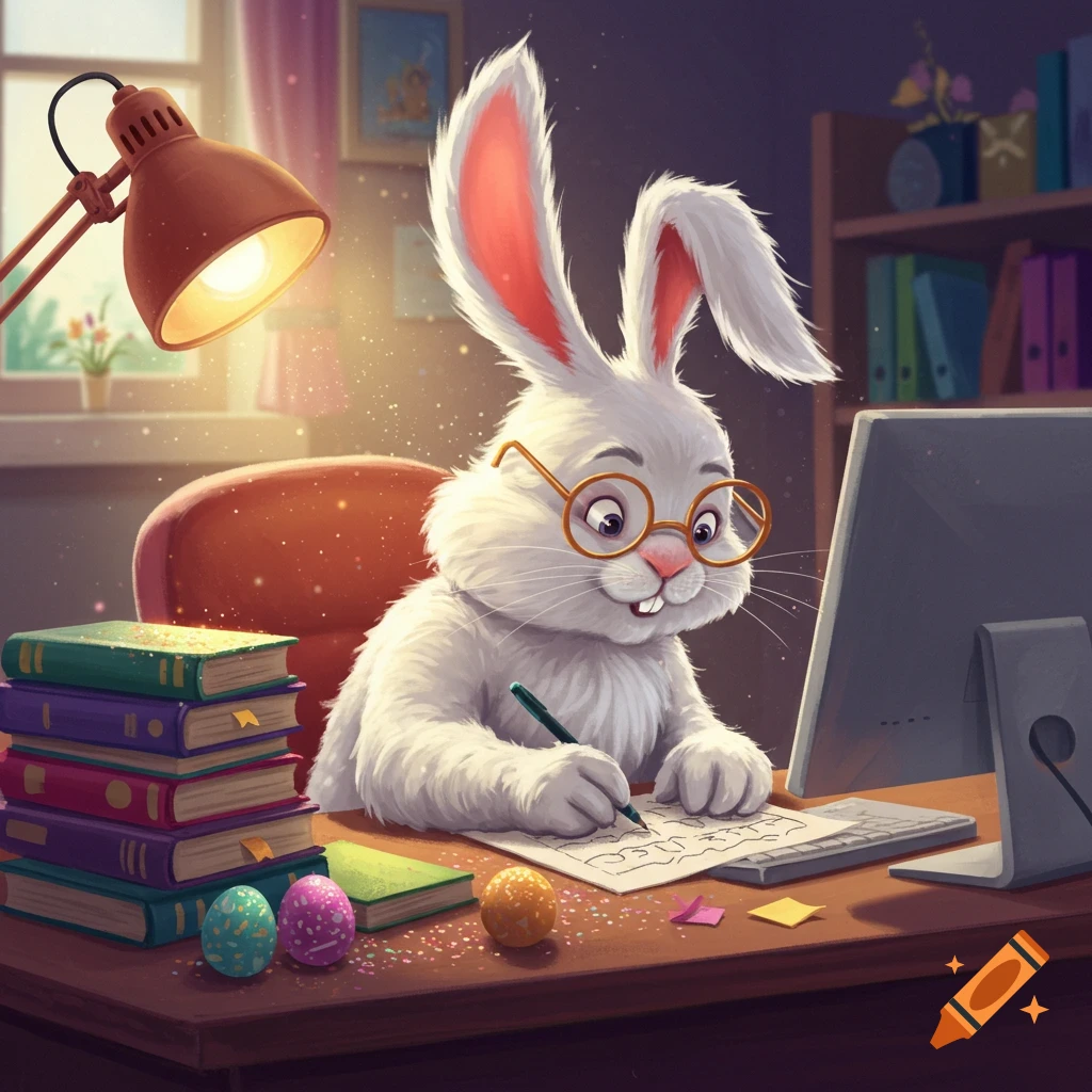 Cartoon Easter bunny wearing glasses, writing at a desk with a computer, books, and Easter eggs.