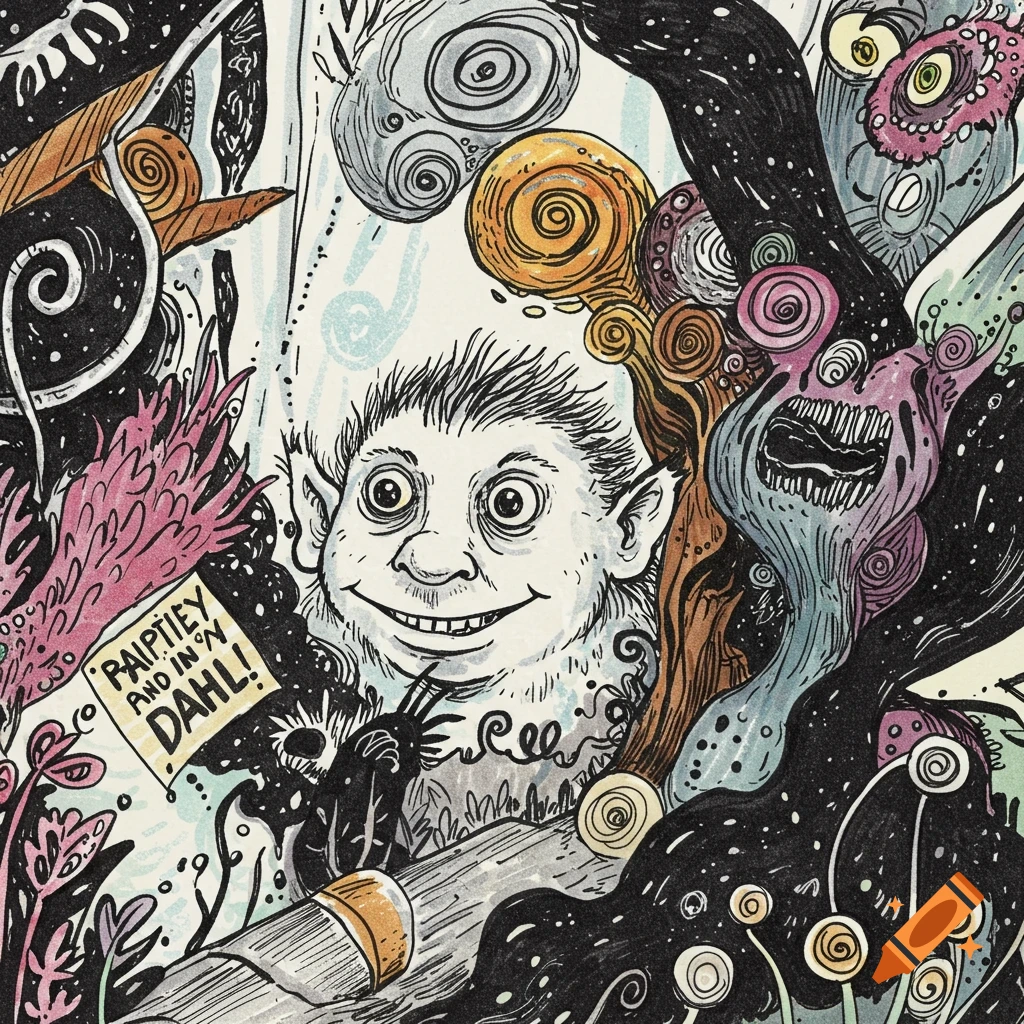 A detailed illustration in a Roald Dahl style, featuring a smiling creature surrounded by abstract shapes and other fantastical beings.