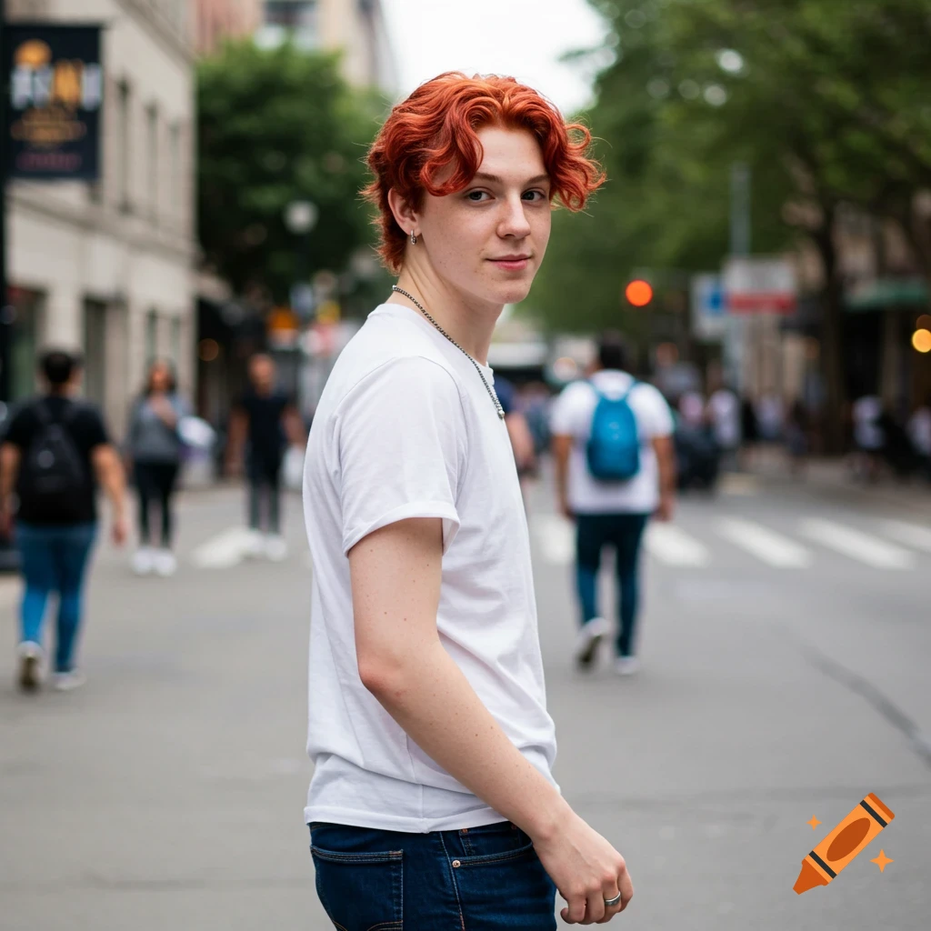 A young person with red hair looks over their shoulder on a city street.