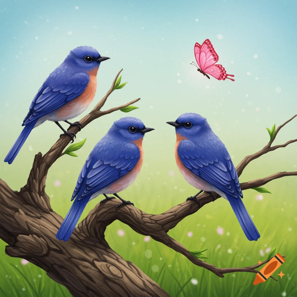 Three bluebirds on a branch with a pink butterfly