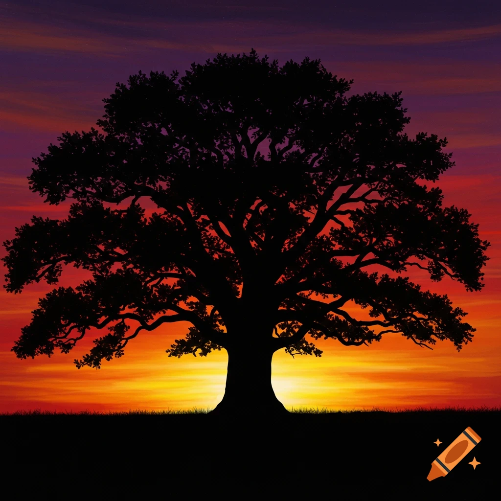Silhouette of a large tree against a vibrant sunset sky.