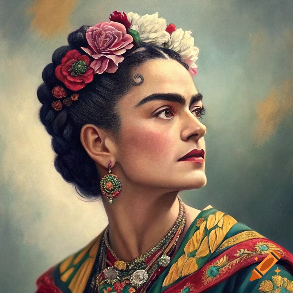 Portrait of a woman resembling Frida Kahlo wearing flowers in her hair and traditional clothing and jewelry, painted style.
