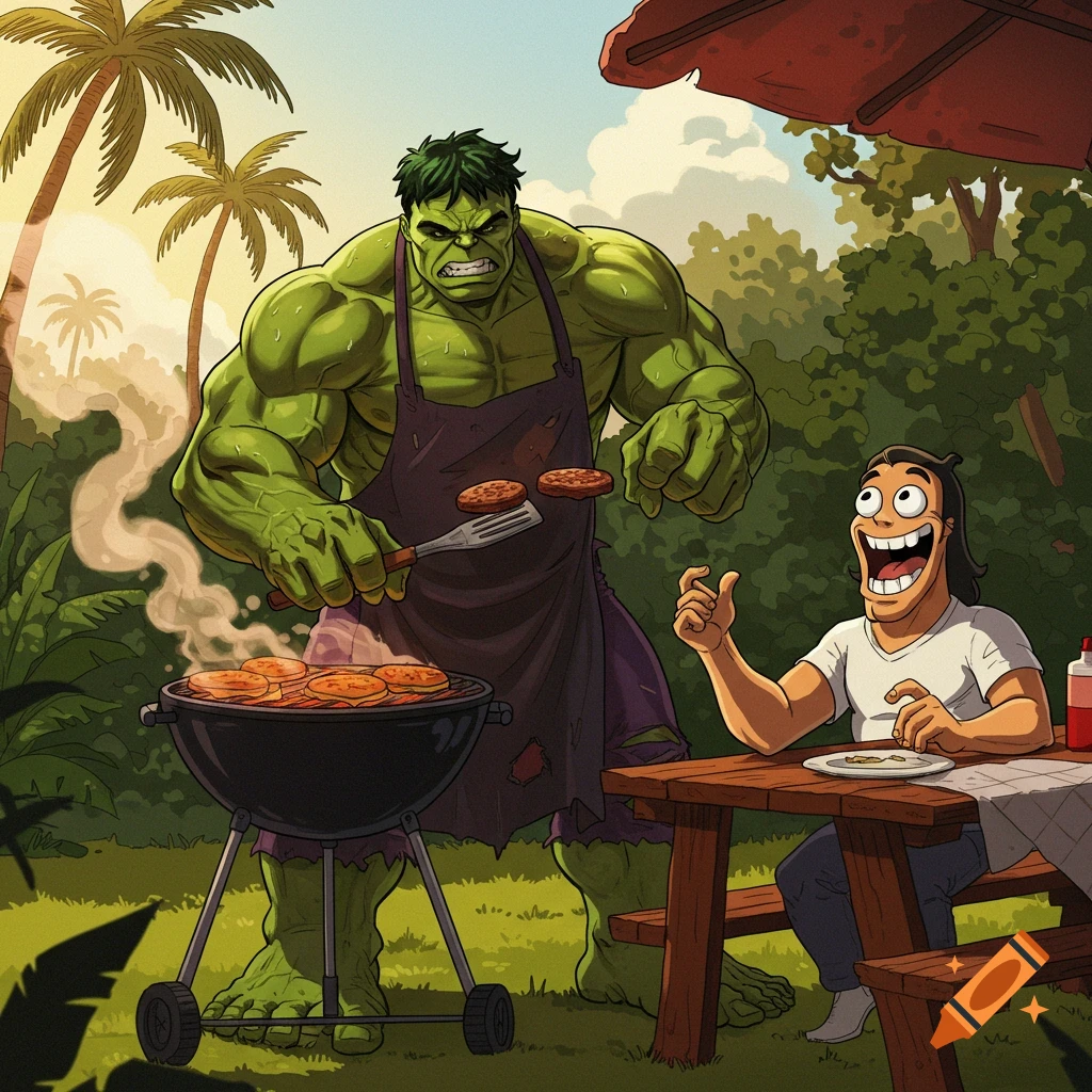 Cartoon illustration of the Hulk grilling burgers while a man eats at a picnic table.