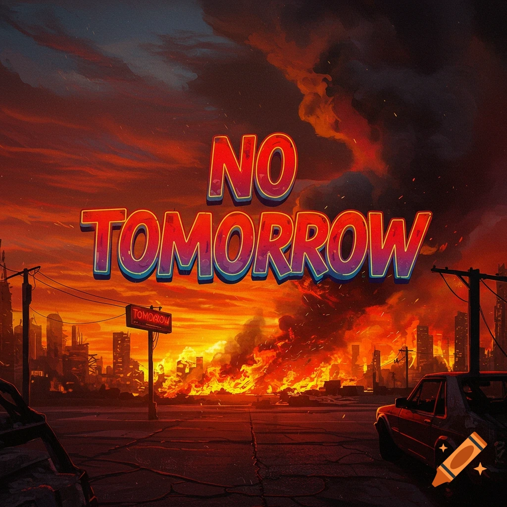 A burning city at sunset with large text 'NO TOMORROW' in the sky and a sign reading 'TOMORROW'.