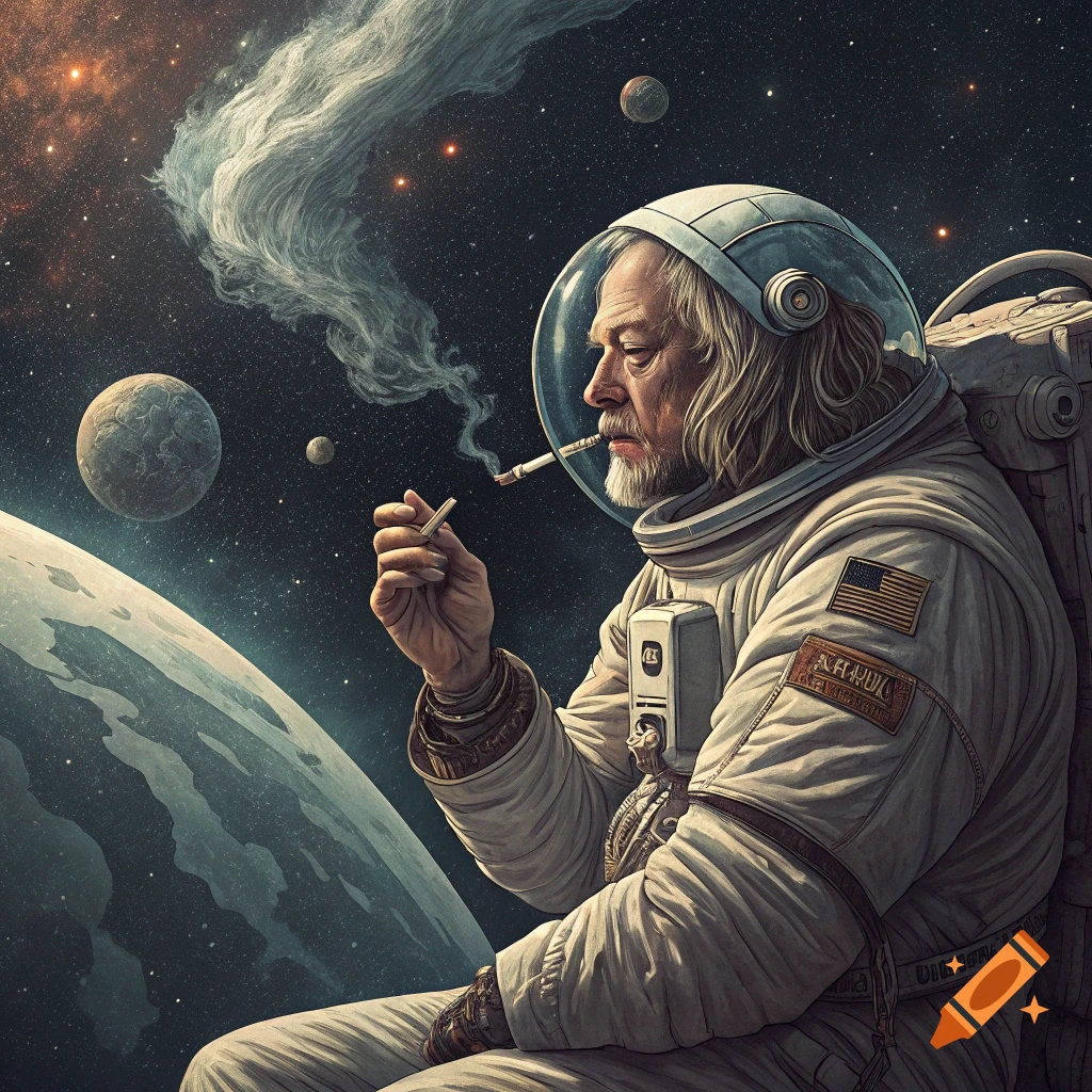 Realistic illustration of an older man in an astronaut suit smoking a cigarette in space near a planet.