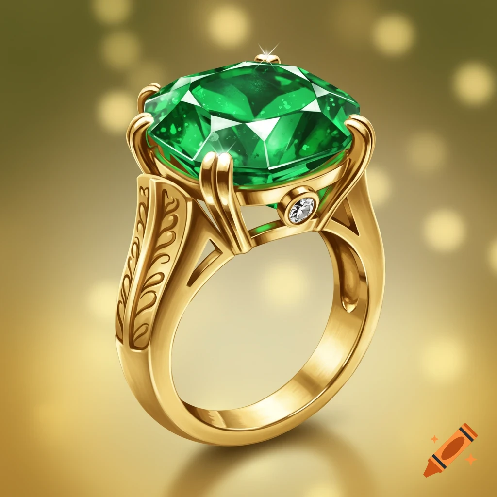 A gold ring with a large green emerald and small diamond