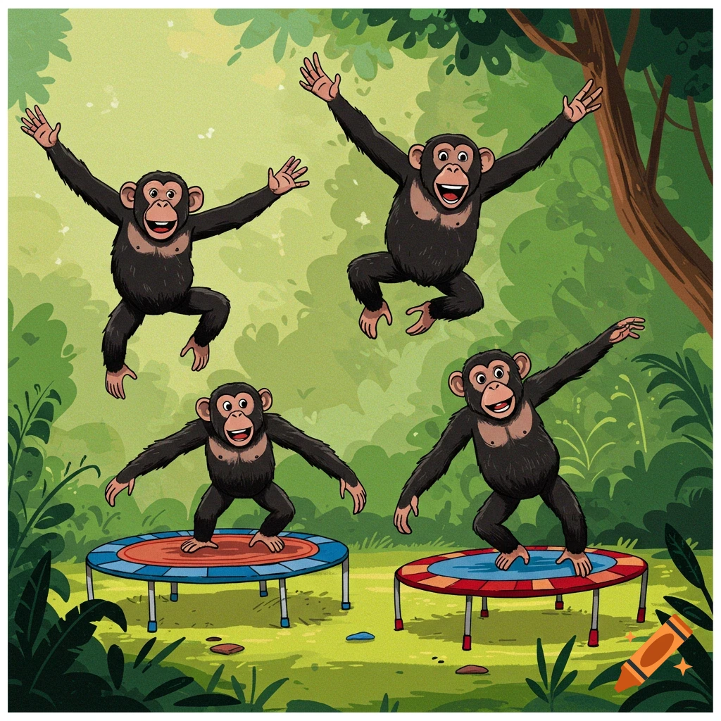 Cartoon monkeys jump on trampolines in a forest