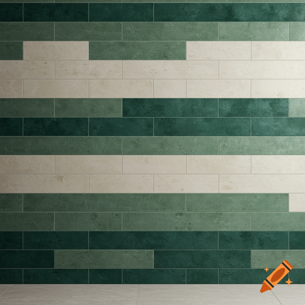 A wall is covered in rectangular tiles arranged horizontally. The tiles are dark green, light green, and cream, with some rows featuring a mix of colors.