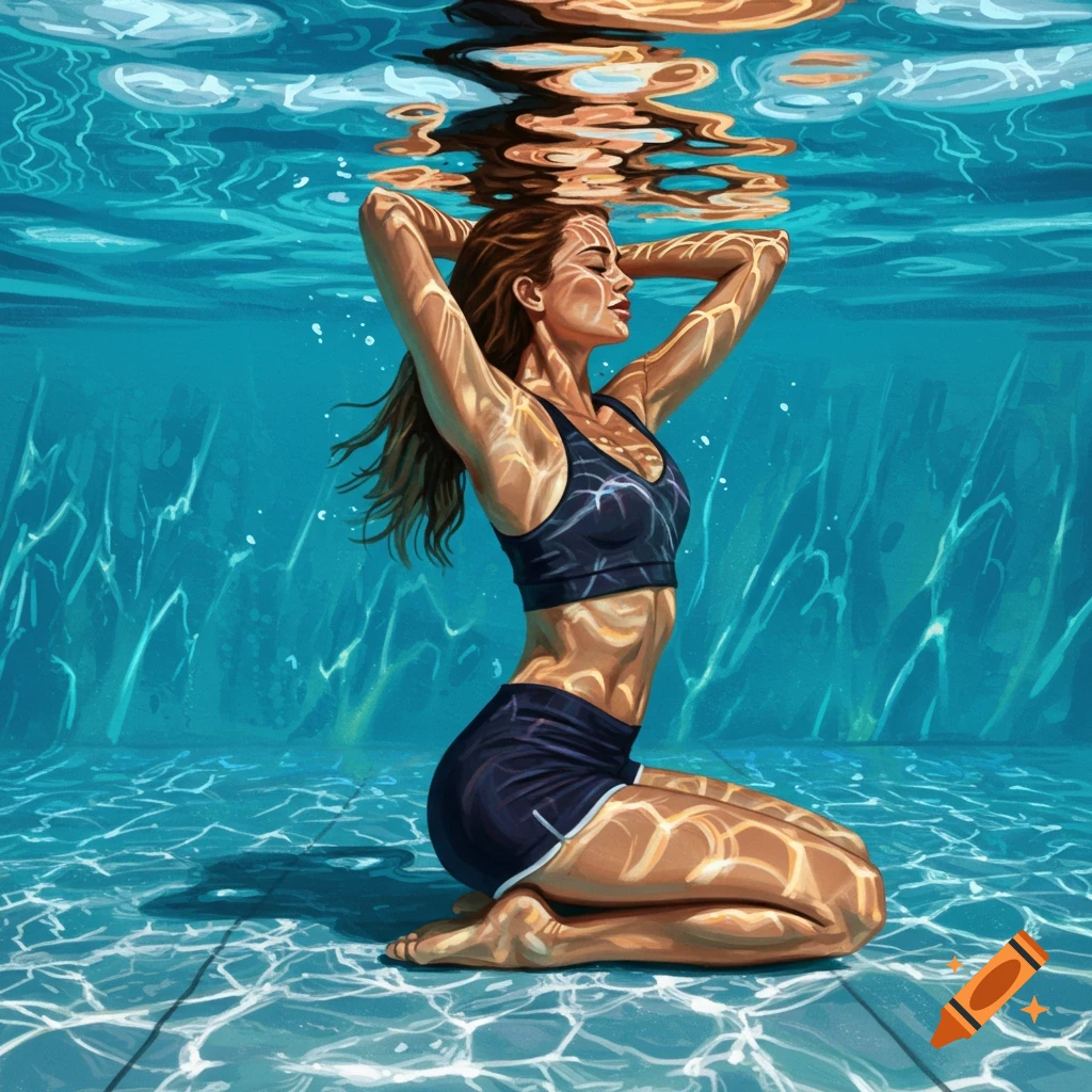 A woman kneeling underwater in a pool with light patterns on her body.