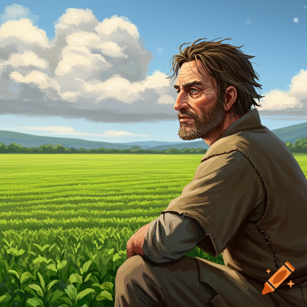 A weathered medieval farmer looks over a green field.