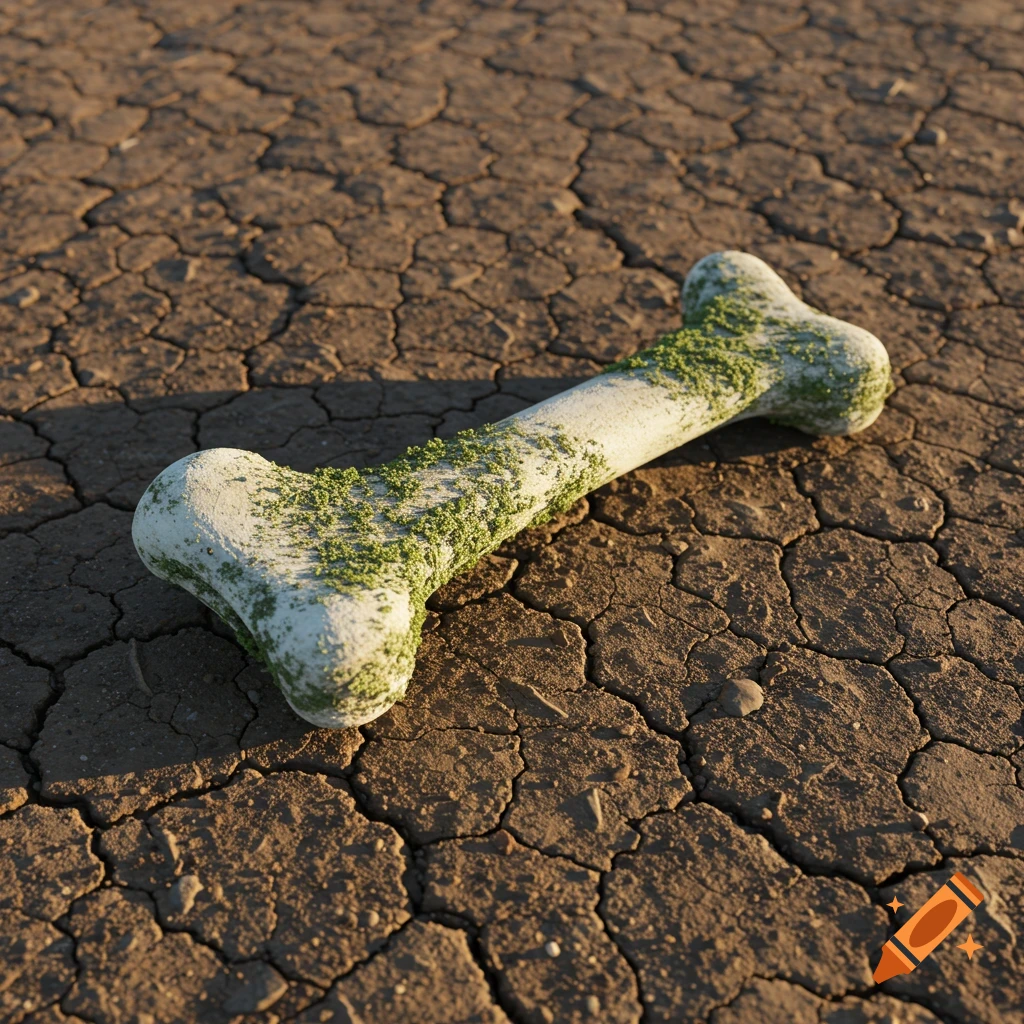 A slightly mossy bone rests on dry, cracked earth.
