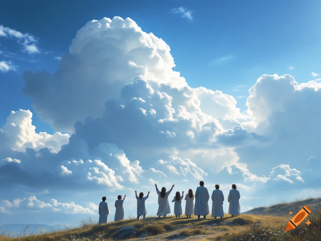 People in robes on a hill look up at dramatic clouds in a blue sky.