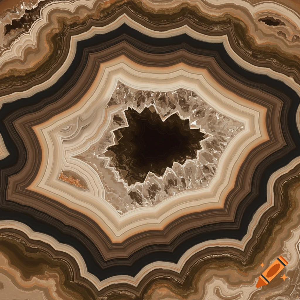 A brown and beige agate or geode cross-section with crystalline center.