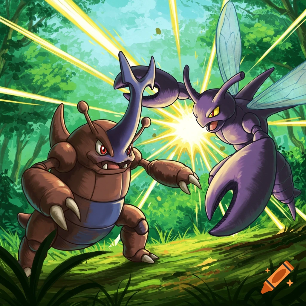 Heracross and Pinsir battle in a forest.