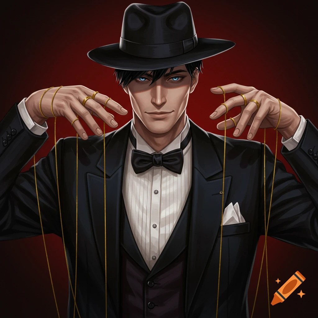 A man in a tuxedo and fedora controls golden puppet strings.