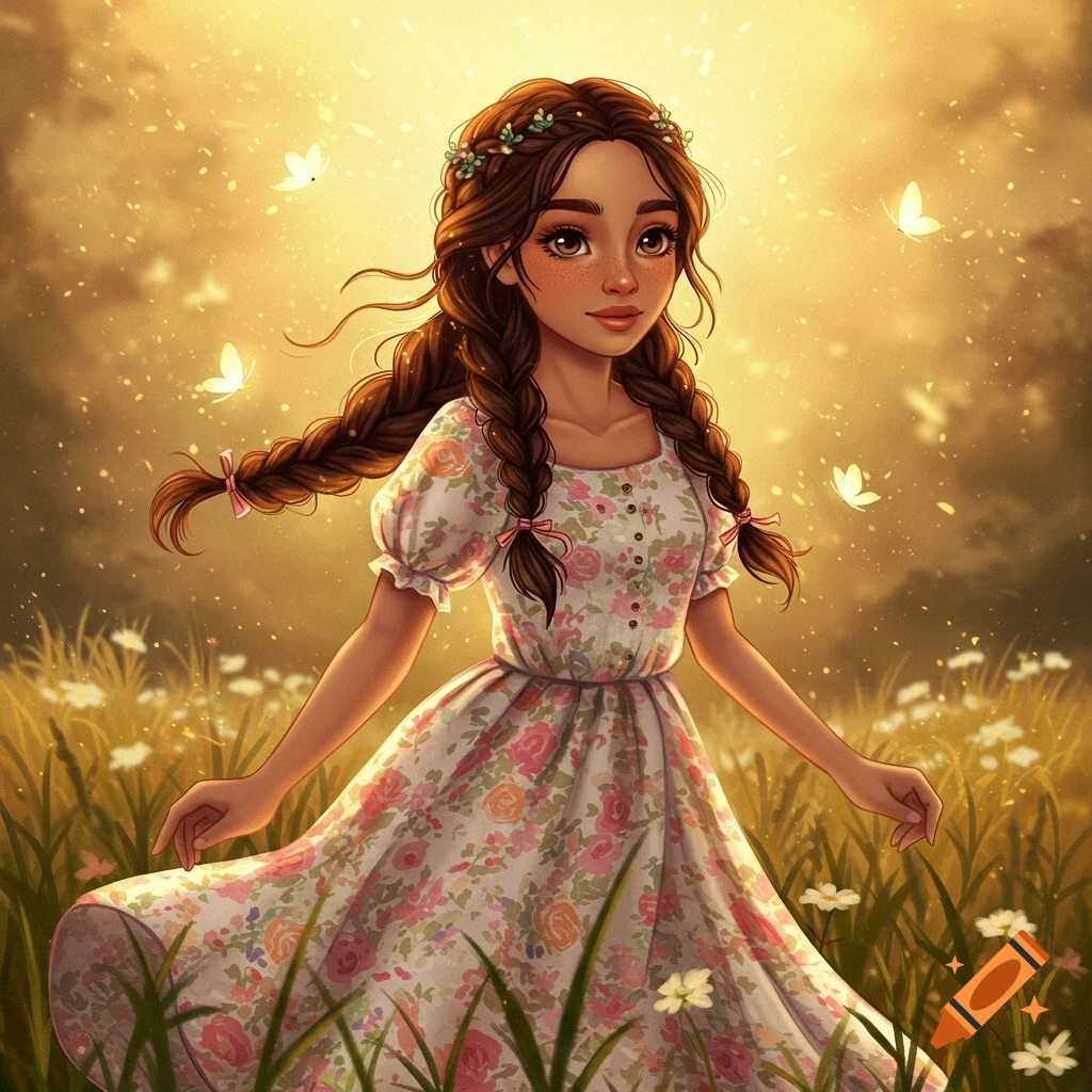 A young girl with braided hair and a floral dress in a sunny field with butterflies.