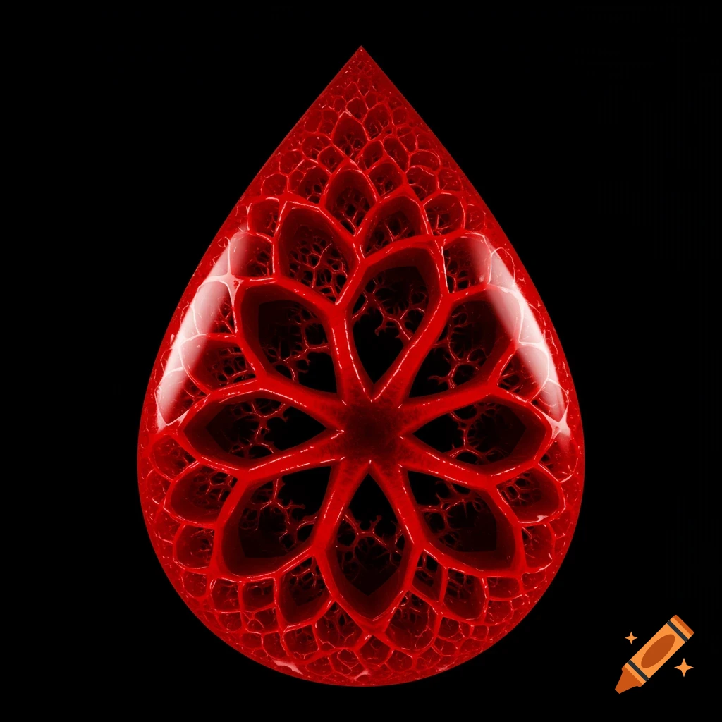 Stylized red drop with an internal fractal pattern on black background