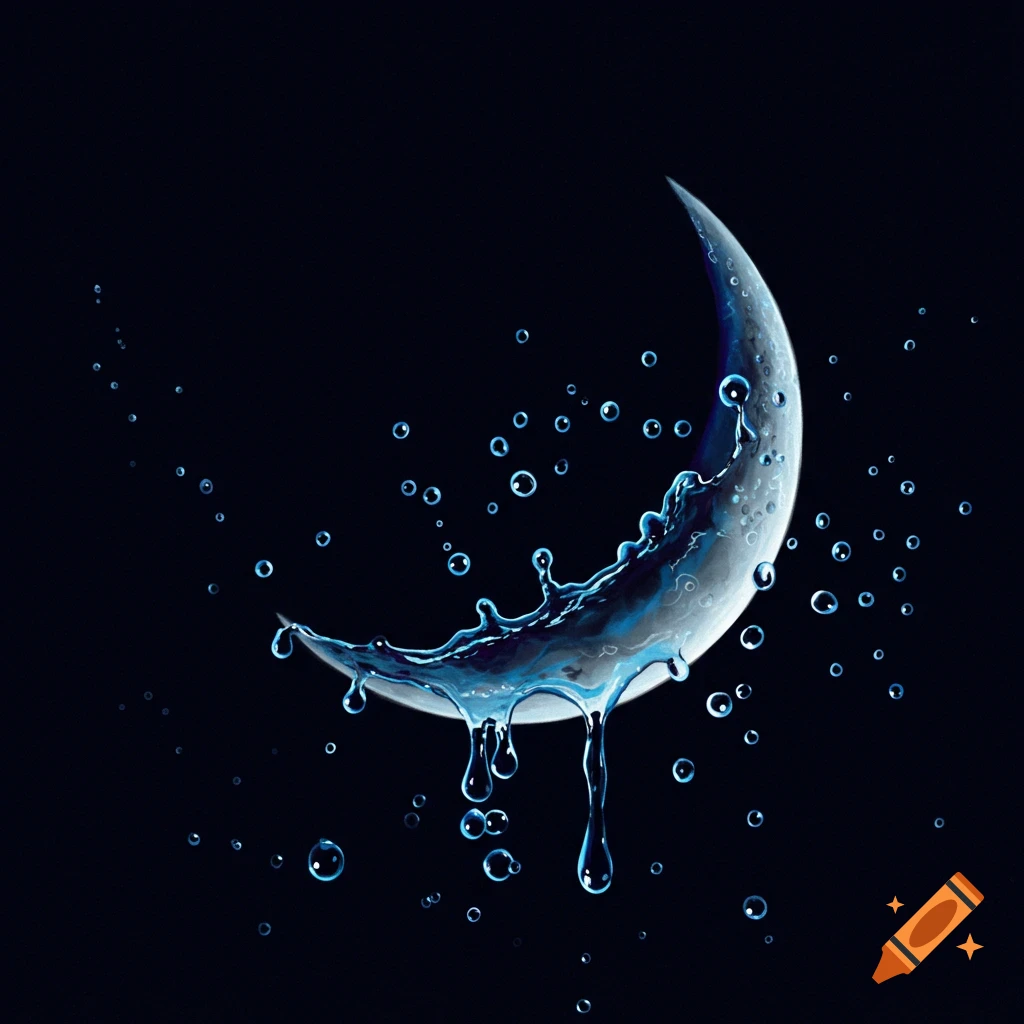 Water splashes and drips from a crescent moon against a dark background.
