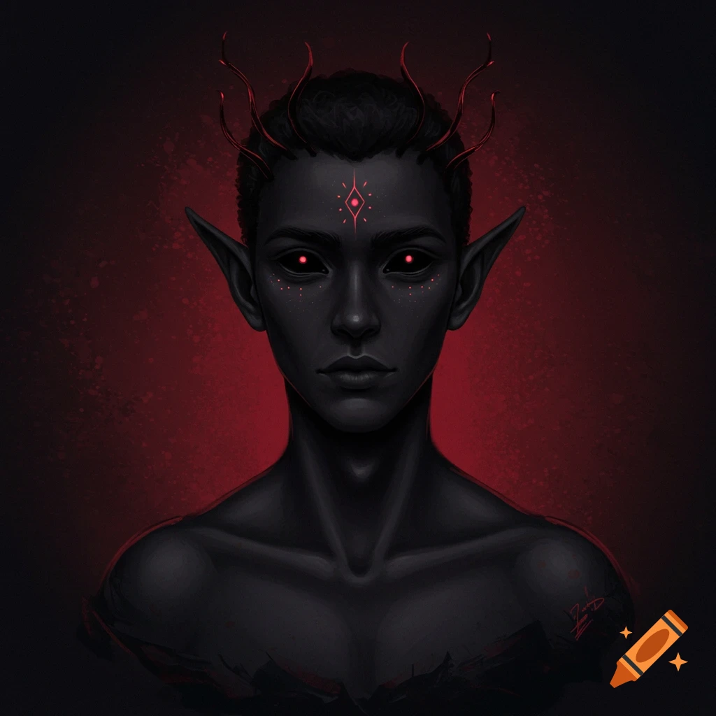 Portrait of a dark humanoid with red glowing eyes, pointed ears, and small red horns against a red background.