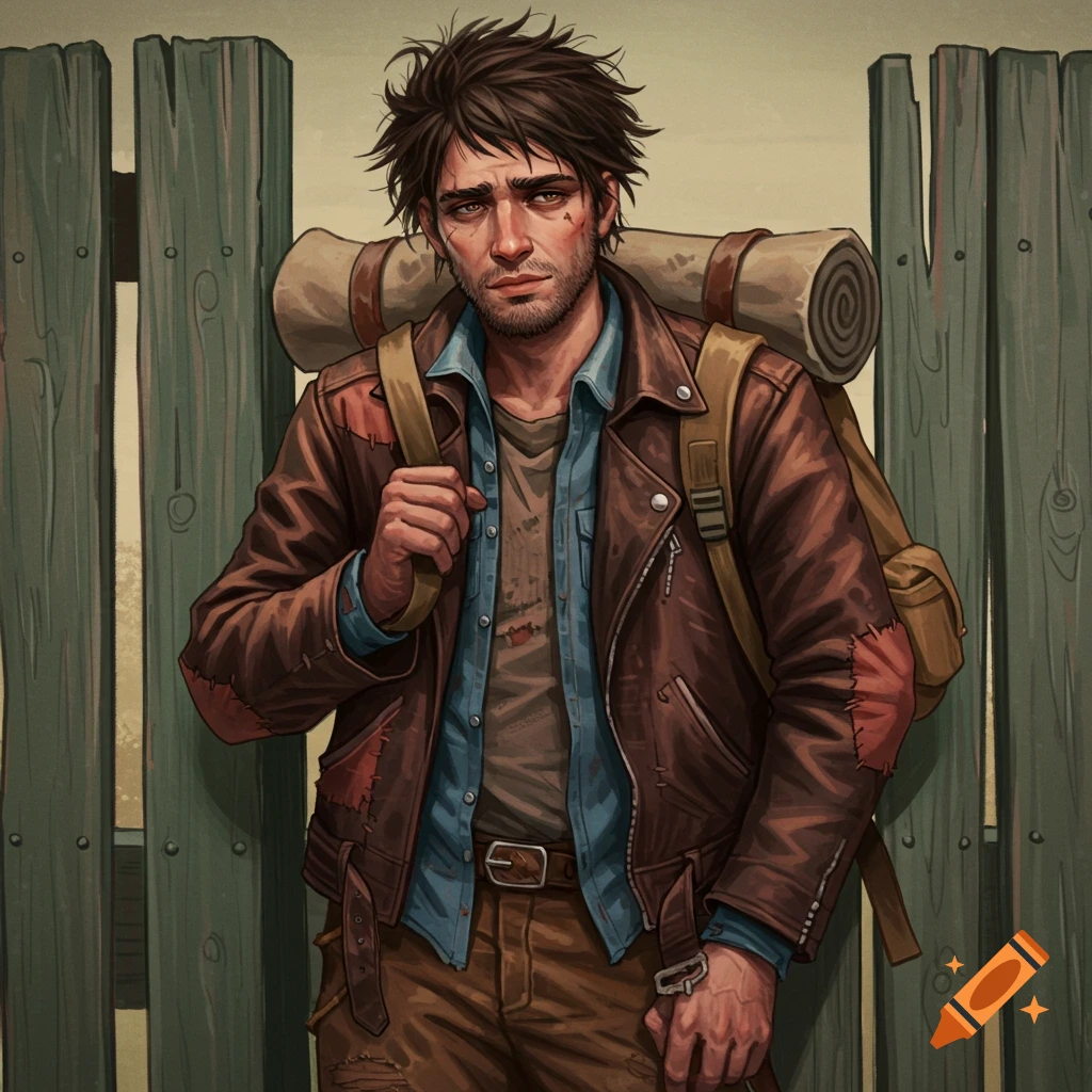 A man with a backpack standing by a fence.