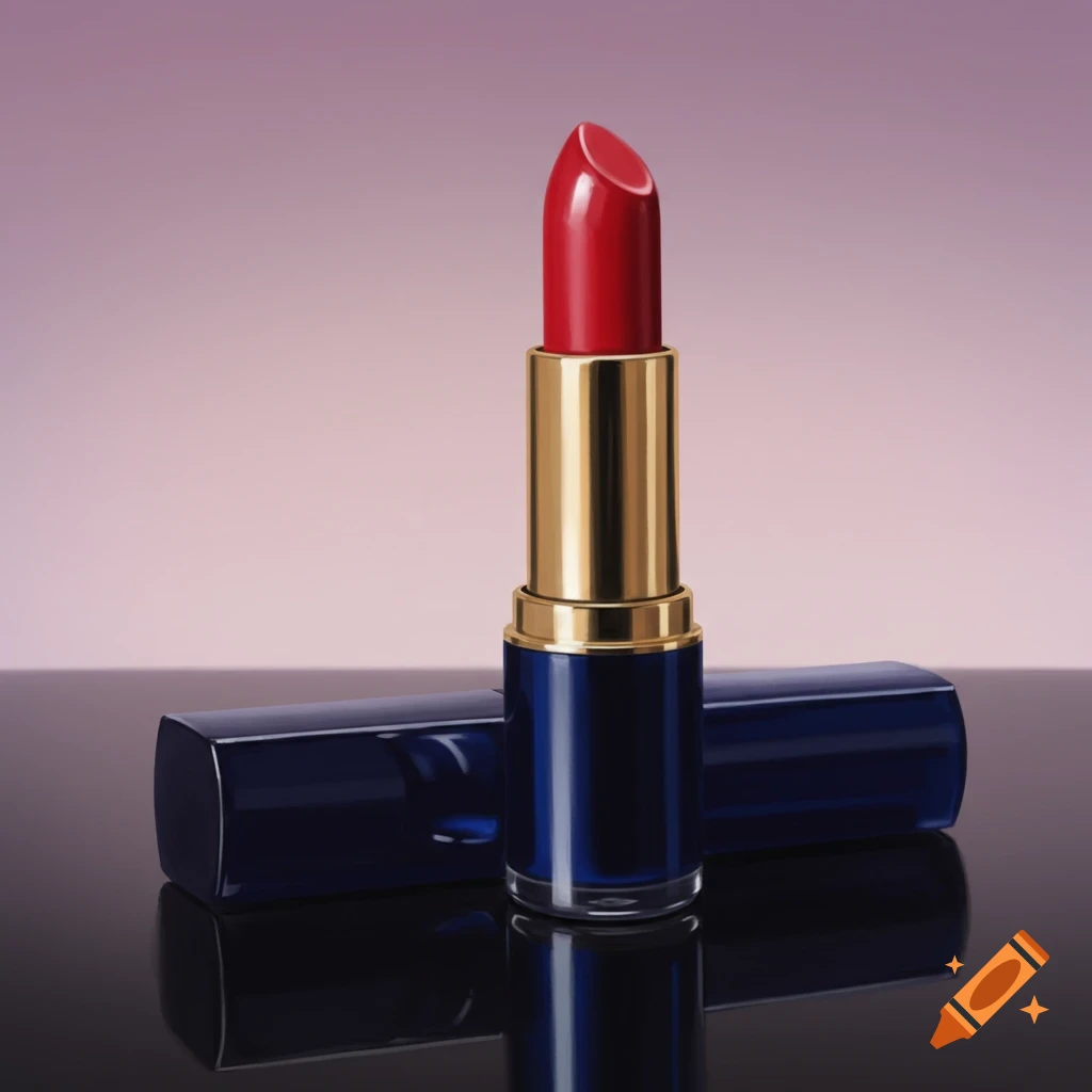 Red lipstick and a blue lip gloss case on a reflective surface.