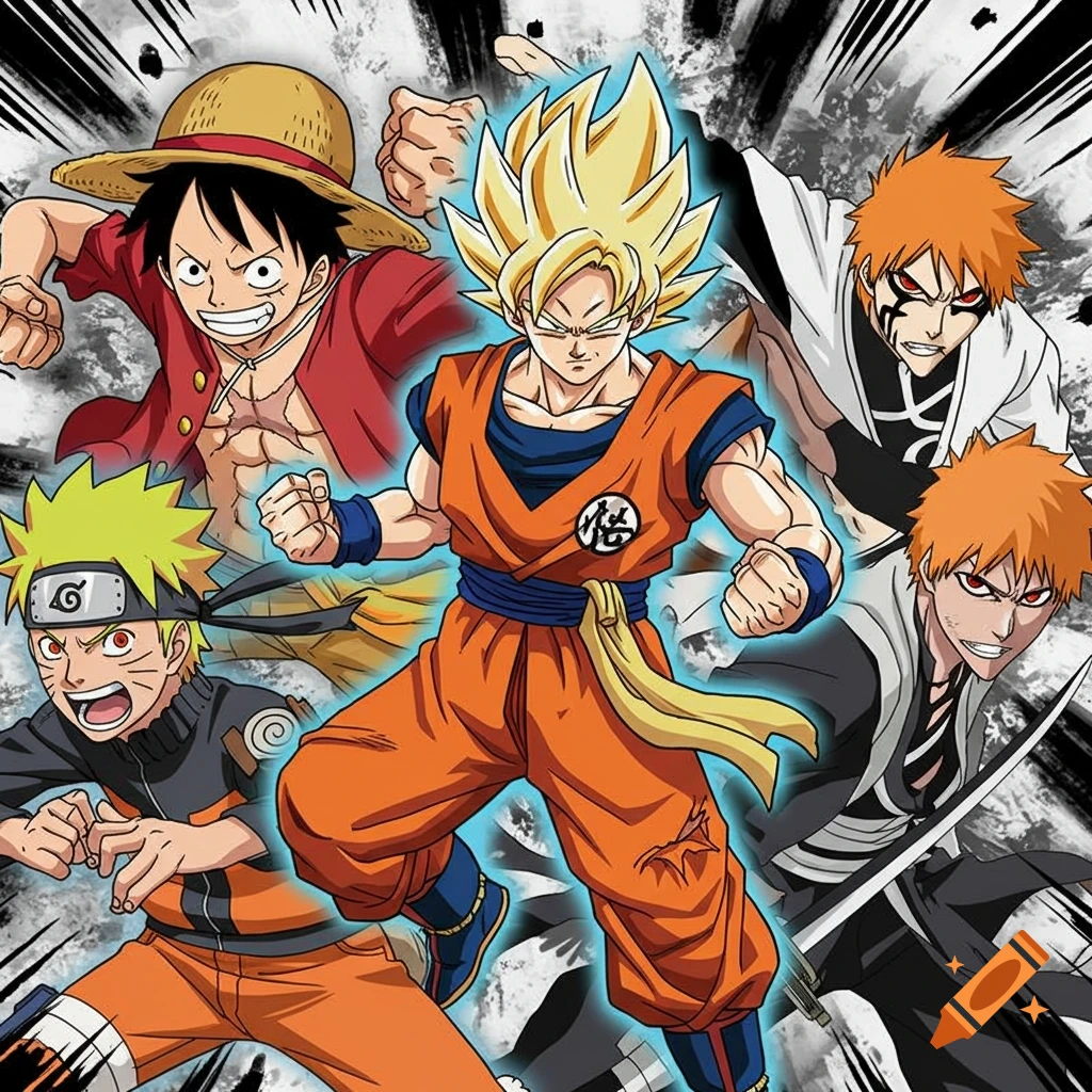 Anime illustration of Luffy, Goku, Naruto, and Ichigo in dynamic poses.