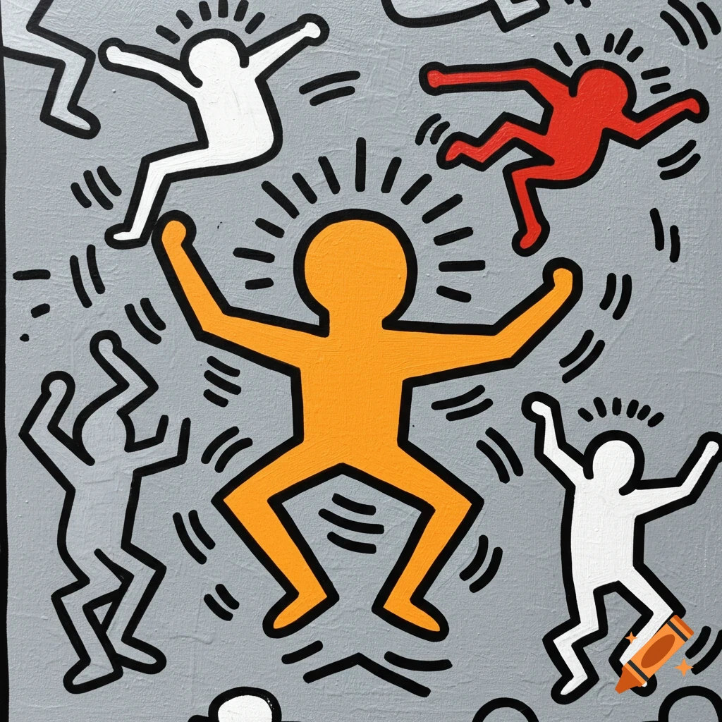 Stylized figures in the style of Keith Haring dancing on a gray background