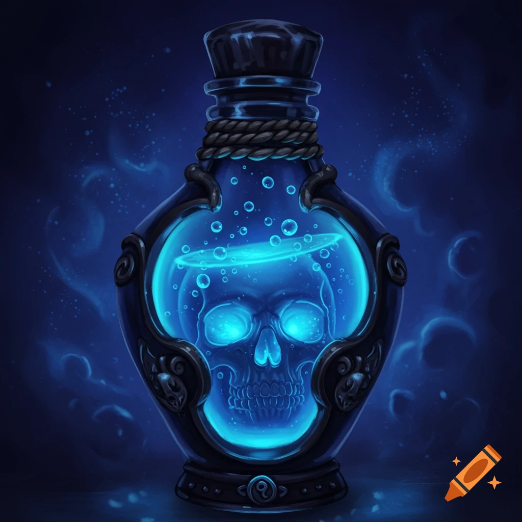 A glowing blue potion in a dark bottle with a skull inside.