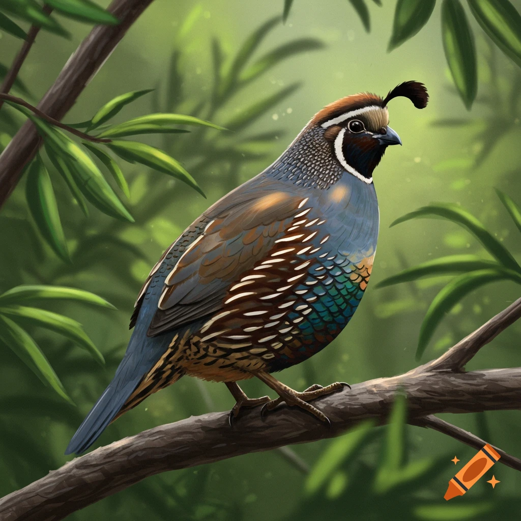 A quail perched on a tree branch